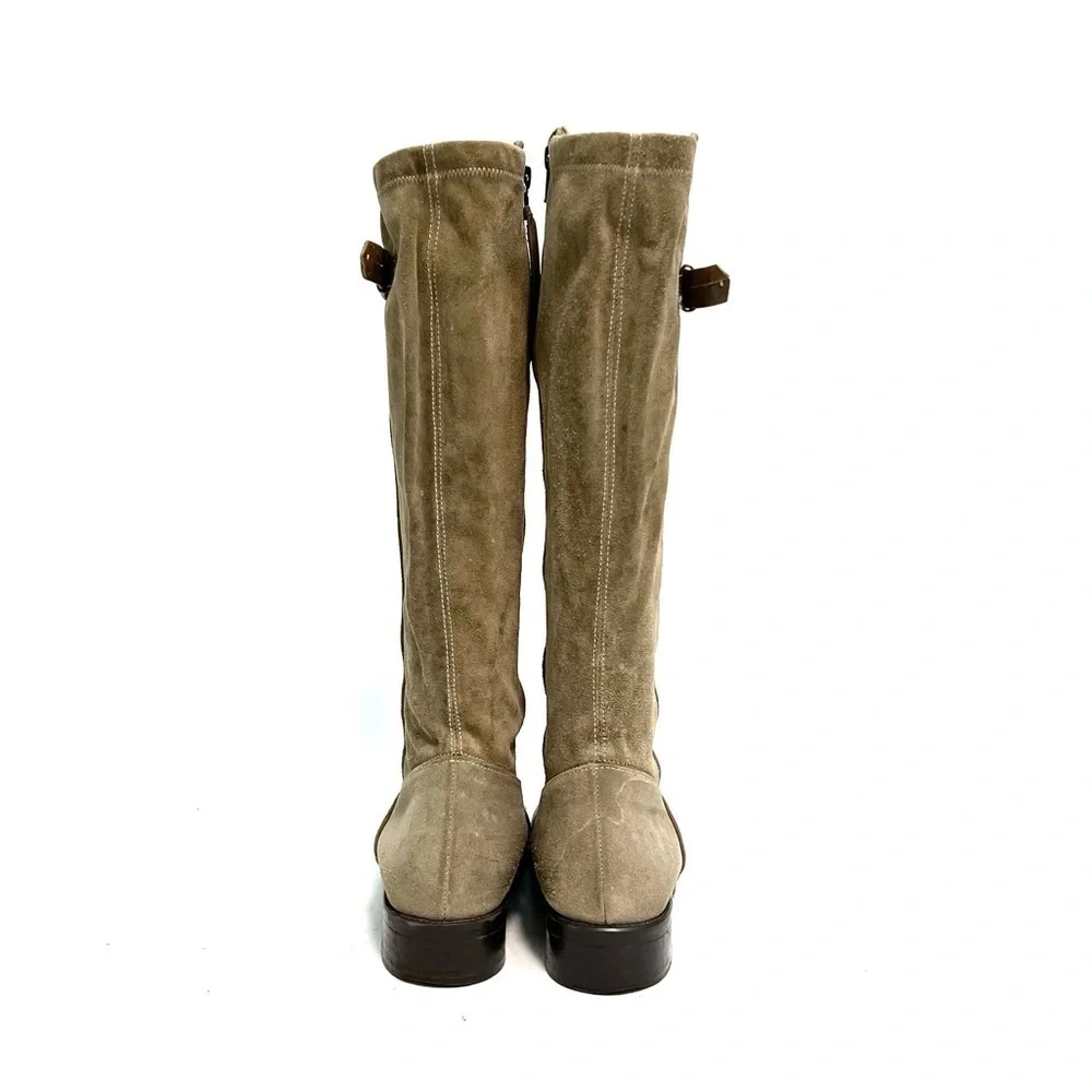 Vintage 1990s women’s tan suede zip up knee high fleece line buckle riding boots